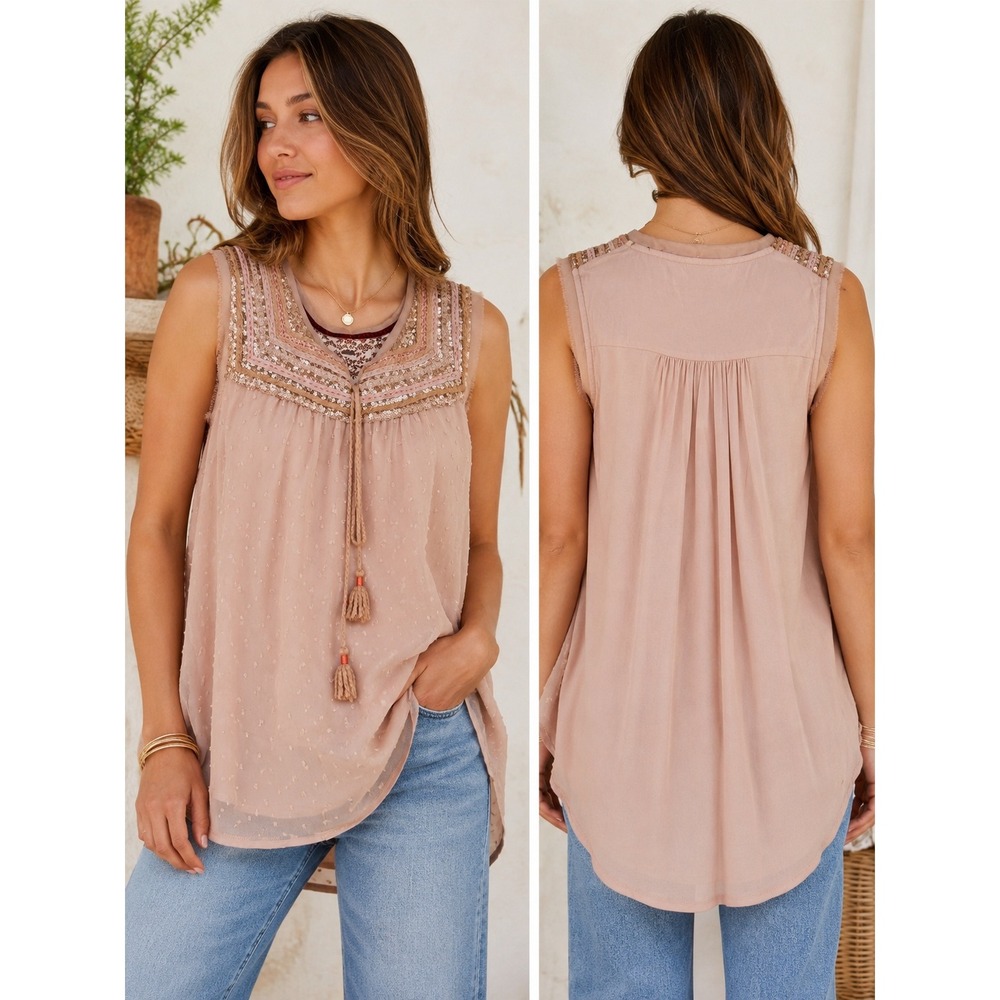 A Common Thread Pink Boho Sequin Embellished Swiss Dot Tassel Blouse Small